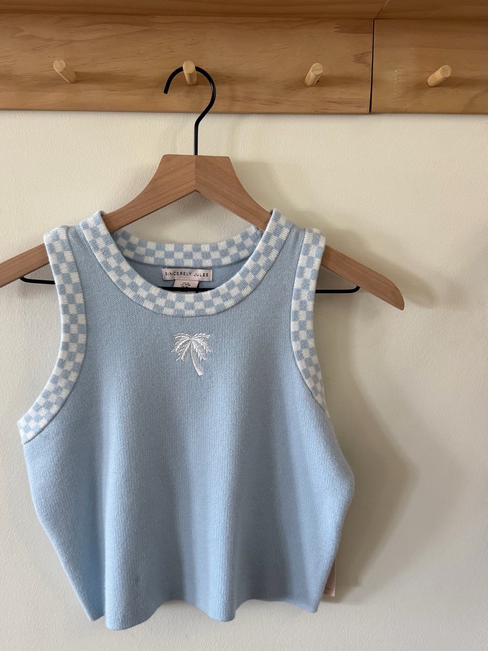 Sincerely Jules Light Blue Knit Tank with White Check Trim